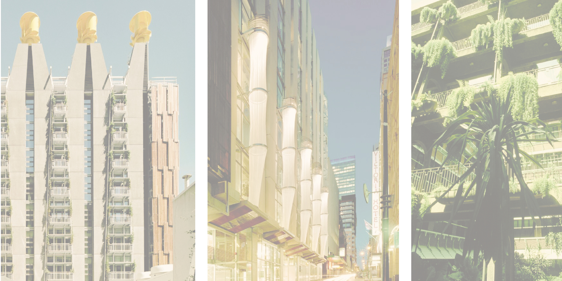 Triptych of Mick Pearce buildings — Eastgate Centre, Council House 2 Melbourne, and a verdant living facade